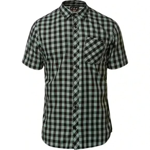 FOX Mens Shirt Troubled Mind Woven Short Sleeve Button Down Green Black Check M - Picture 2 of 14